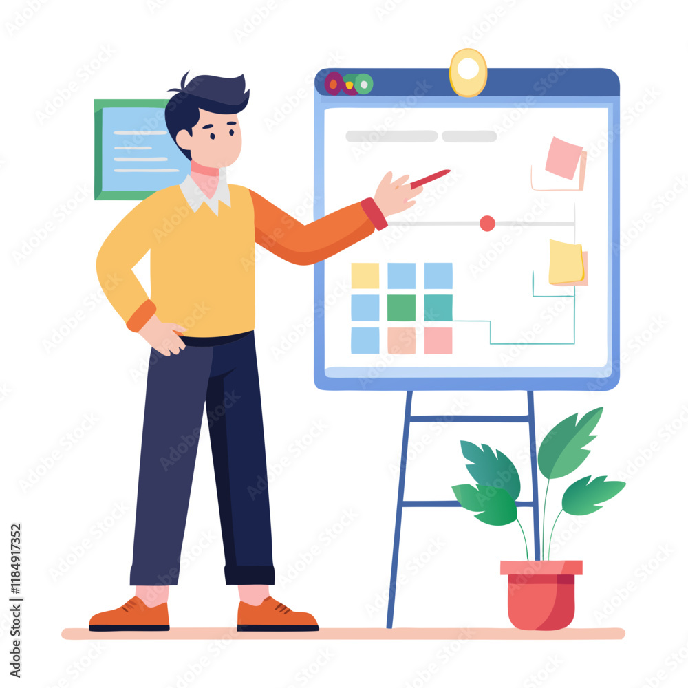 A project manager is actively engaging with a project plan, pointing at details on a presentation board in a modern office. The atmosphere is collaborative and focused A project manager is actively engaging with a project plan, pointing at details on a presentation board in a modern office. The atmosphere is collaborative and focused