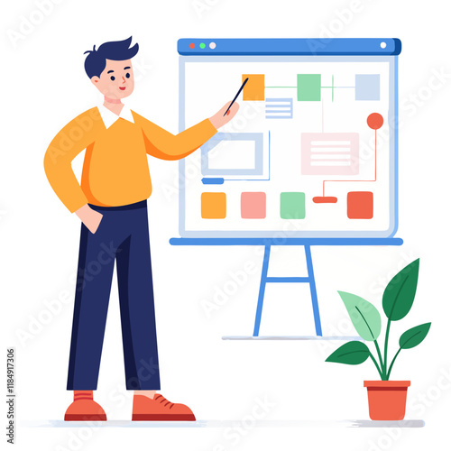 A project manager in a casual outfit points to a project plan on a whiteboard, guiding a team discussion in a bright office environment with a plant nearby