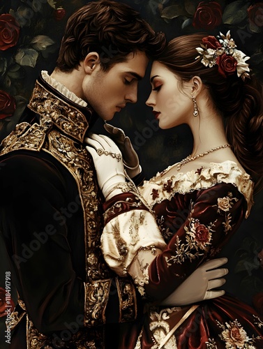Elegant couple in historical attire share a romantic moment amidst roses