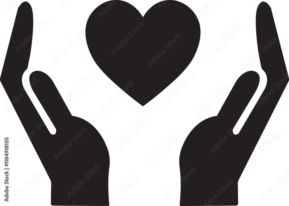 Fototapeta premium Healthcare hands holding heart flat icon. Care and support icon, representing love, care, and kindness. Suitable for health, charity, and support-related concepts. Isolated on transparent background.