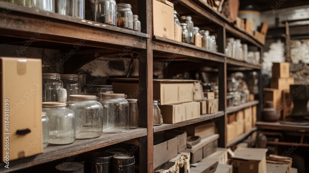 Fototapeta premium Vintage Glass Jars on Rustic Wooden Shelves in an Old Storage Room