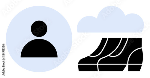 User icon in circle next to a cloud shape with data server racks. Ideal for cloud computing, user management, digital security, data storage, networking, IT services, online applications. Abstract