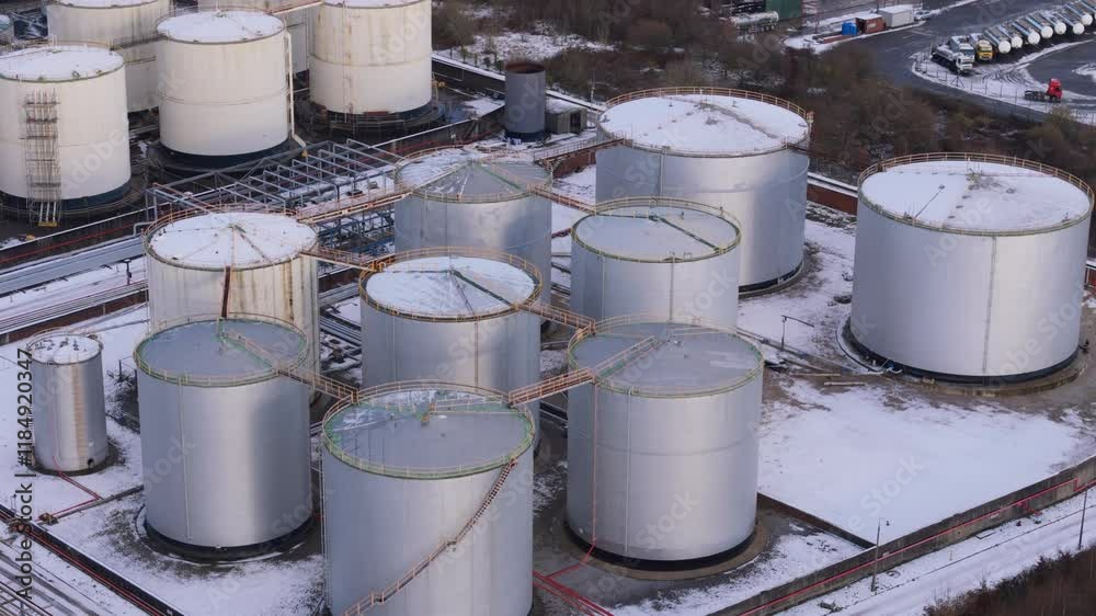 Aerial view of petrochemical silos in the UK covered in snow during winter. Aerial view of petrochemical silos in the UK covered in snow during winter.