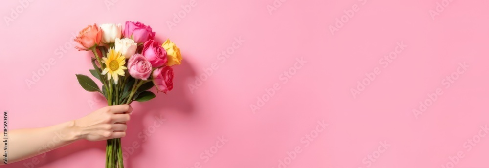 Obraz premium female hand with a bouquet of flowers on the left on a pink background, banner