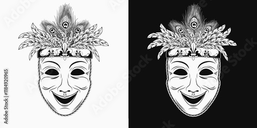 Theatrical comedy face mask with bundle of colorful feathers on top. Detailed illustration in vintage style. Mardi Gras decoration. Front view.