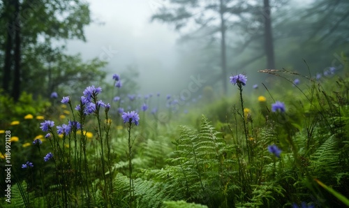 A misty forest scene with ferns, chicory, centaury, and other wildflowers, ferns, nature