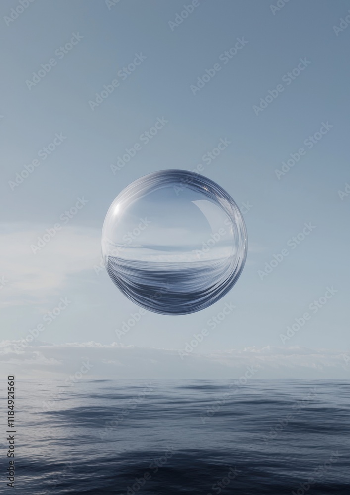 A large, clear sphere is floating in the air above a calm body of water A large, clear sphere is floating in the air above a calm body of water