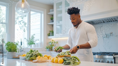 Man Preparing Healthy Meal: A young man stands in his kitchen, preparing a healthy meal with fresh produce. He's  focused and determined, radiating positive energy.
