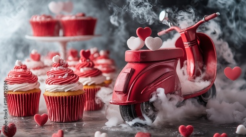 Half Moped in Smoke, Matched with Valentine's Day Cupcakes and Sugar Hearts photo