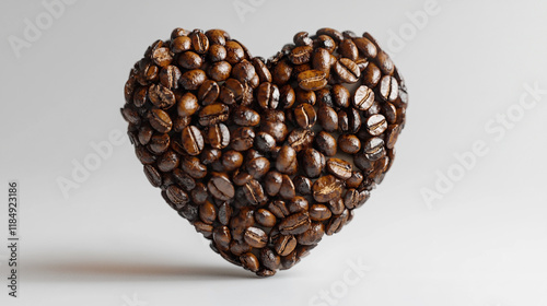 Heart made of coffee beans symbolizes love for coffee and its rich aroma and flavor