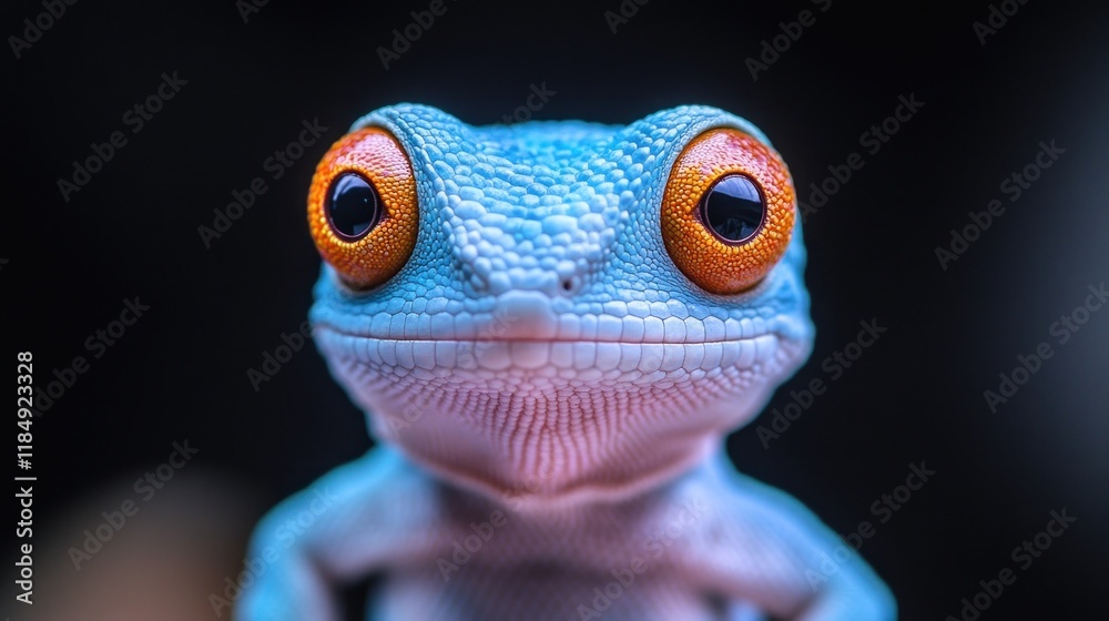 Close-up of a vibrant blue gecko with large orange eyes, focused on the viewer. Close-up of a vibrant blue gecko with large orange eyes, focused on the viewer.