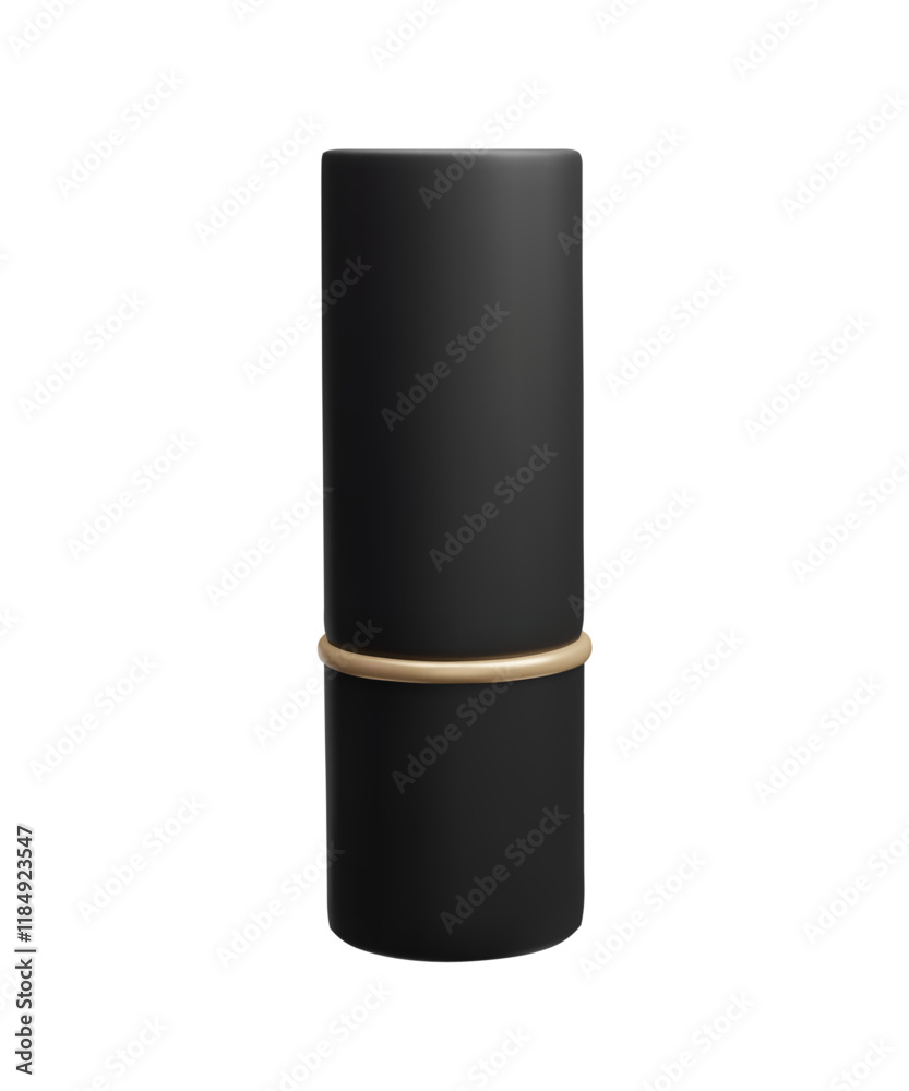 3D decorative cosmetic lipstick package vector illustration isolated on white. Black lipstick closed packaging container with golden ring luxury fashion makeup beauty cosmetic product 3d vector render 3D decorative cosmetic lipstick package vector illustration isolated on white. Black lipstick closed packaging container with golden ring luxury fashion makeup beauty cosmetic product 3d vector render