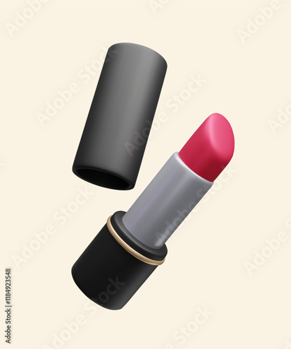 Elegant luxury 3D lipstick advertising vector design element. Red lipstick makeup fashion beauty cosmetic product. Black lip gloss package with golden ring. Open moisturizing lip balm 3d render.
