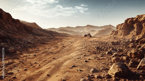 A rugged, rocky terrain under a bright sky, featuring a futuristic vehicle navigating the Martian landscape.