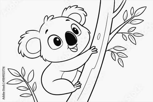 A cartoon illustration of a baby koala climbing a tree