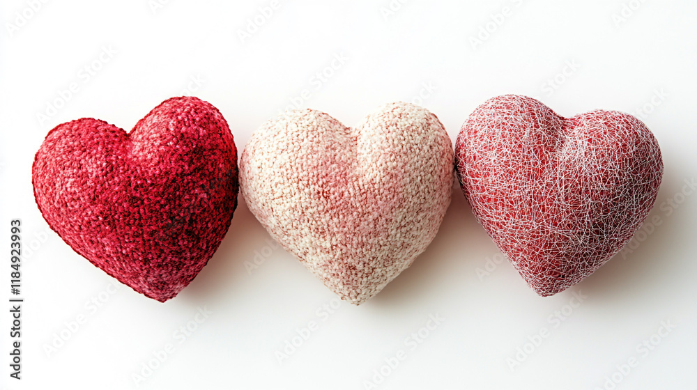 Obraz premium Unique textured hearts in various shades arranged on a plain background