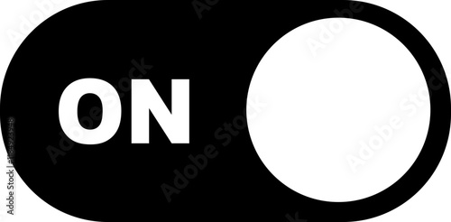 On toggle switch button flat icon. Switch button ON isolated on transparent background. Power on and slider switch icon. Modern web and mobile app switch button interface element. Black, white button.