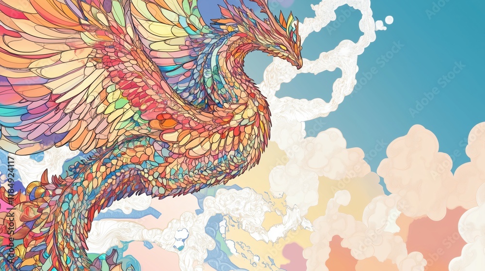 A Colorful Painting of a Phoenix in the Sky With Clouds - Generative AI A Colorful Painting of a Phoenix in the Sky With Clouds - Generative AI