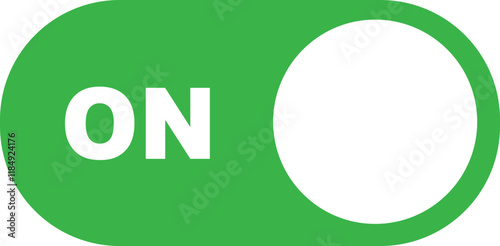 On toggle switch button flat icon. Switch button ON isolated on transparent background. Power on and slider switch icon. Modern web and mobile app switch button interface element. Green, white button.