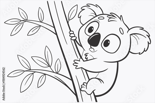 A cartoon illustration of a baby koala climbing a tree