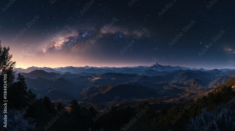 Naklejka premium Stunning night landscape showcasing a sprawling mountain range under a starry Milky Way sky.