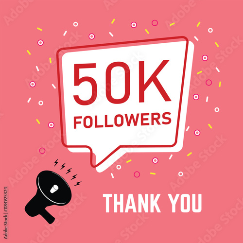 Pink 50K followers banner or poster with speaker icon and Thank You text. 50000 followers banner. vector illustration isolated on blue background with speech bubble or speech balloon text icon