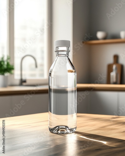 Wallpaper Mural A clear glass water bottle stands on a wooden table in a modern kitchen, illuminated by natural light. Torontodigital.ca