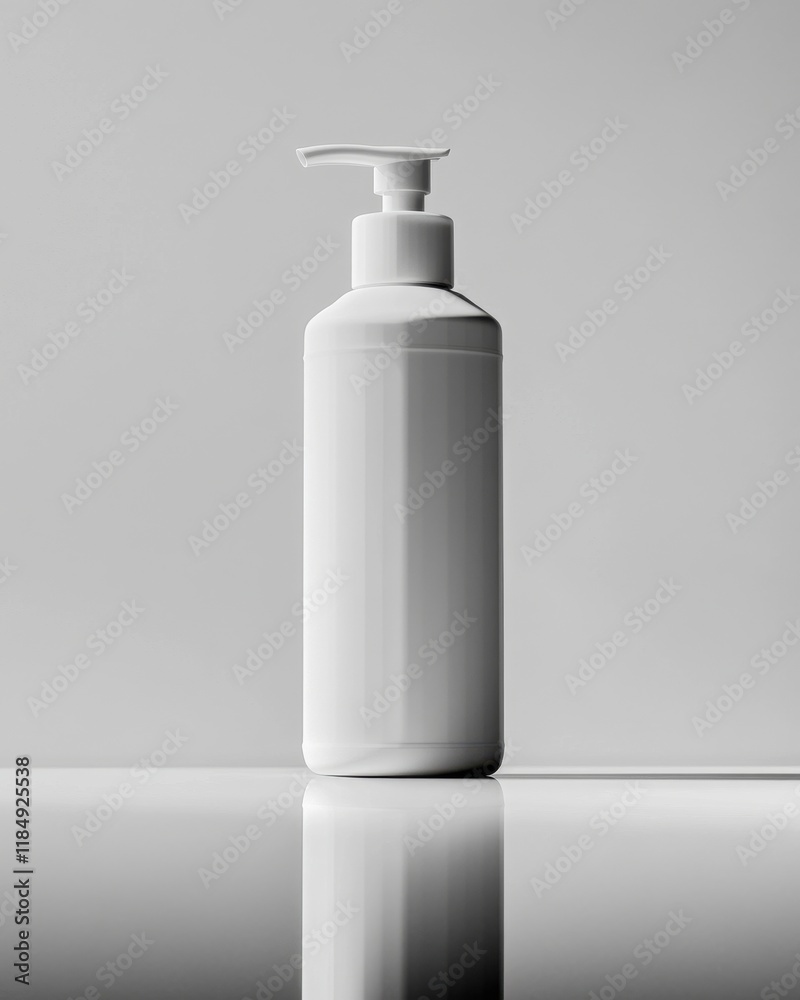 Minimalist white pump bottle with a sleek design, placed against a soft gray backdrop. Minimalist white pump bottle with a sleek design, placed against a soft gray backdrop.