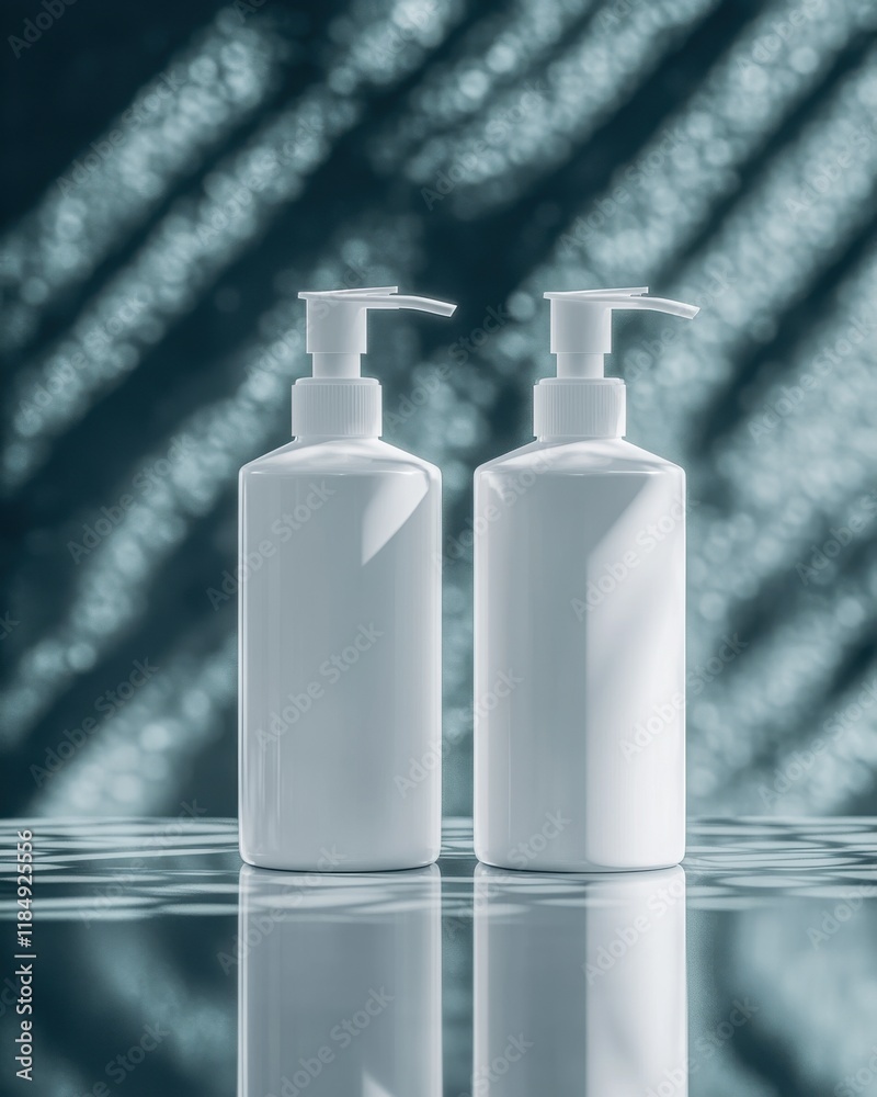 Two sleek white skincare bottles with minimal design, reflecting a serene ambiance. Two sleek white skincare bottles with minimal design, reflecting a serene ambiance.