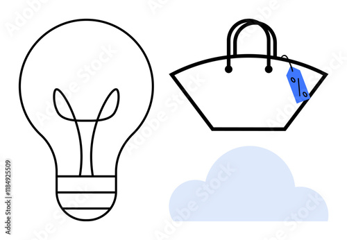 Light bulb symbolizing ideas, shopping bag with price tag representing commerce, and cloud conveying technology or data storage. Ideal for innovation, e-commerce, technology, brainstorming, business