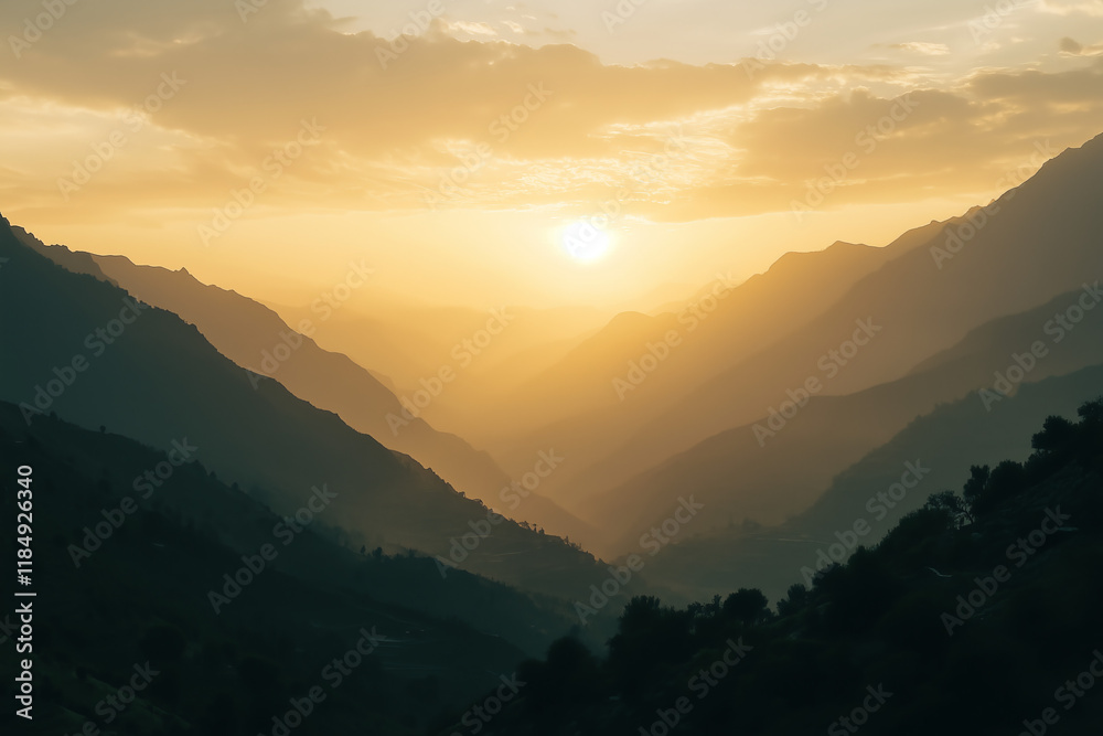 Fototapeta premium Sunset behind the beautiful mountains. Nature landscape discovery and travel adventure concept.
