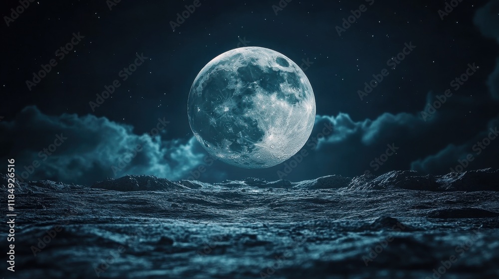 Fototapeta premium A stunning full moon illuminates the lunar landscape in a serene night sky with scattered stars.