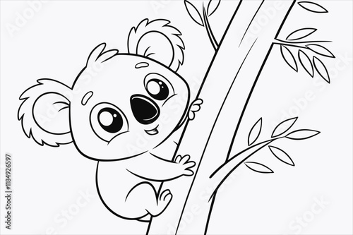 A cartoon illustration of a baby koala climbing a tree