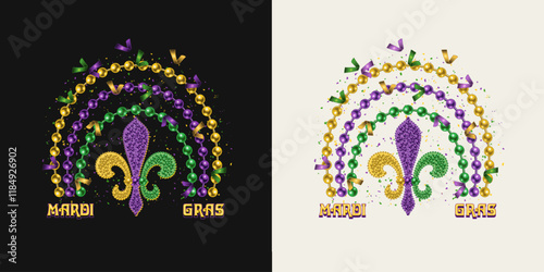 Rainbow made with bead strings, Fleur de Lis sign, flying confetti. Design element, composition with text for Mardi Gras decoration.
