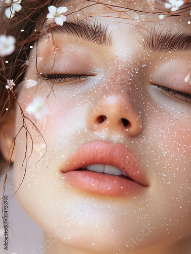 A surreal close-up of a woman with intricate makeup featuring petals and tiny flowers, 