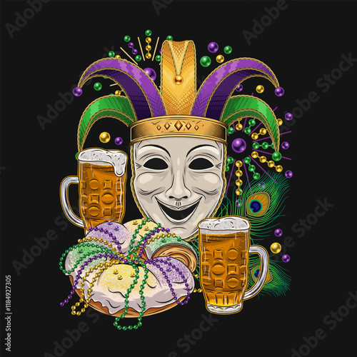 Composition with carnival golden venetian face mask in jester harlequin hat, traditional festival Mardi Gras food, beer and king cake. Peacock feathers, bead behind.