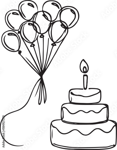 Sweet Party Design. Line Drawing of Cake and Balloons Vector