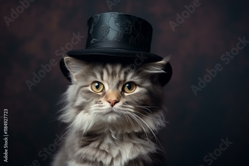 Fluffy gray kitten looking distinguished wearing a formal black top hat against a dark background photo