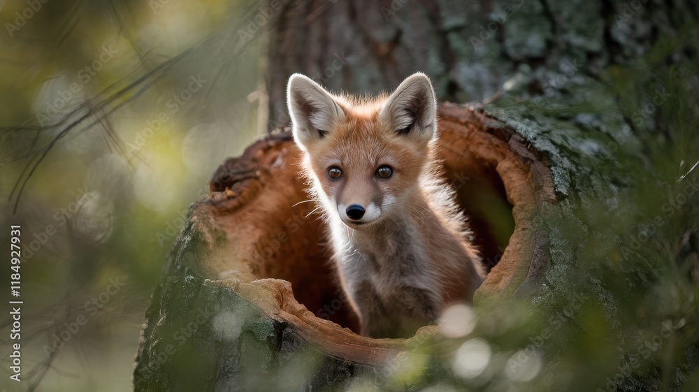 Obraz premium A curious red fox cub peeks out from a hollow tree stump, surrounded by soft green foliage in a serene woodland setting.