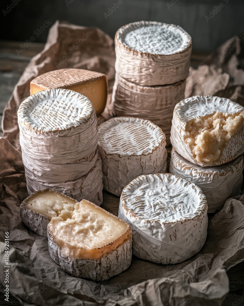 A rustic display of various cheeses, showcasing different textures and forms, set on crumpled paper. A rustic display of various cheeses, showcasing different textures and forms, set on crumpled paper.