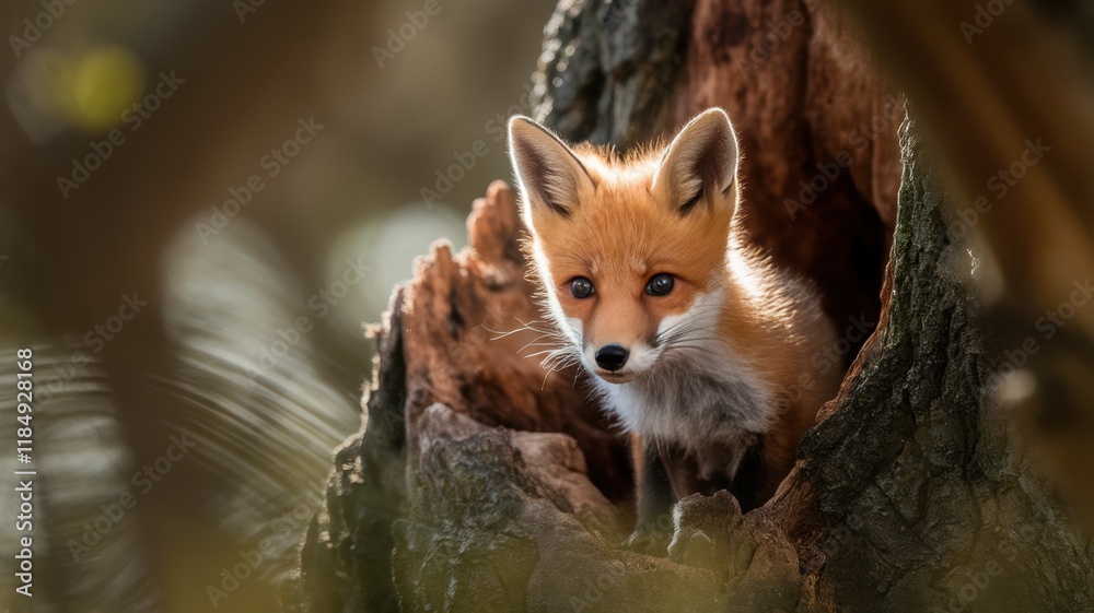 Obraz premium A curious young fox peeks out of a tree hollow, its vibrant orange fur contrasting with the earthy bark, showcasing its playful and inquisitive nature.