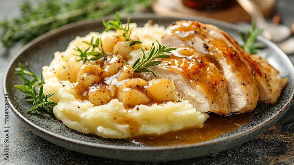 A plate of homemade mashed potatoes with gravy and a side of roasted chicken, ideal for a comforting meal. A plate of homemade mashed potatoes with gravy and a side of roasted chicken, ideal for a comforting meal.