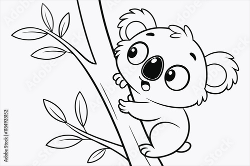 A cartoon illustration of a baby koala climbing a tree