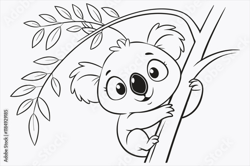 A cartoon illustration of a baby koala climbing a tree