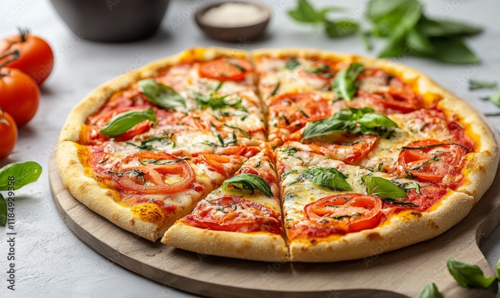 pizza cut into slices on a wooden board pizza cut into slices on a wooden board