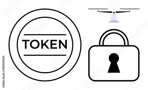 Digital token circle, security drone, and padlock with keyhole illustrating technology, security, and privacy. Ideal for blockchain, cybersecurity, online transactions, tech security drones data