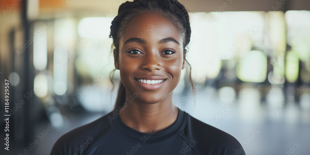 Young black diverse fit fitness trainer against gym background, smiling portrait. Weight loss and training concept. Young black diverse fit fitness trainer against gym background, smiling portrait. Weight loss and training concept.
