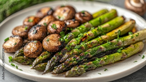 Char-grilled asparagus and mushrooms with a hint of garlic and herbs, served on a white plate.