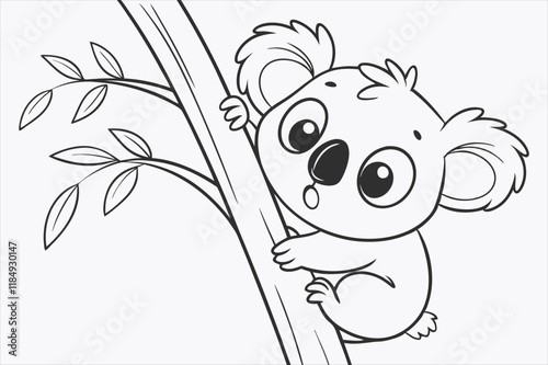 A cartoon illustration of a baby koala climbing a tree