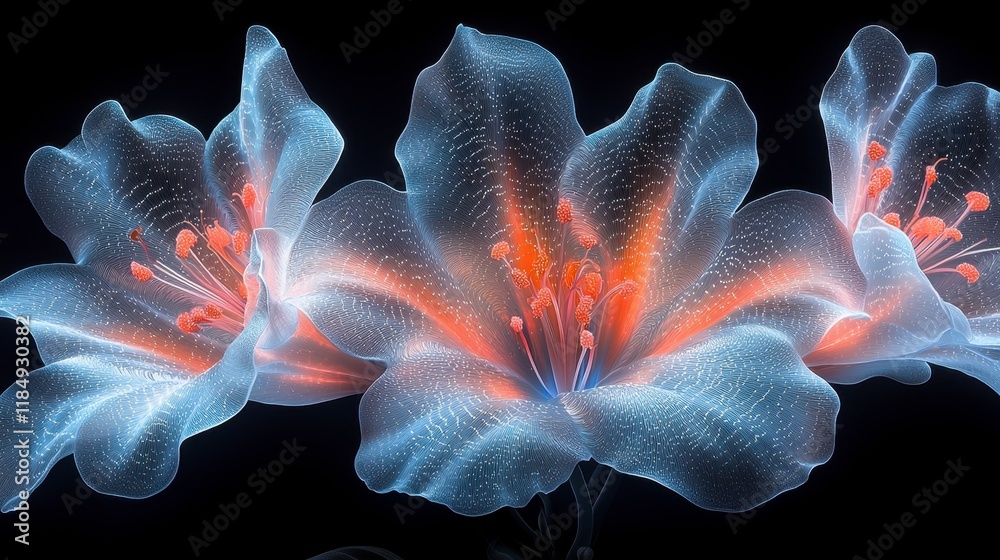 Glowing translucent flowers with orange centers against a black background. Glowing translucent flowers with orange centers against a black background.